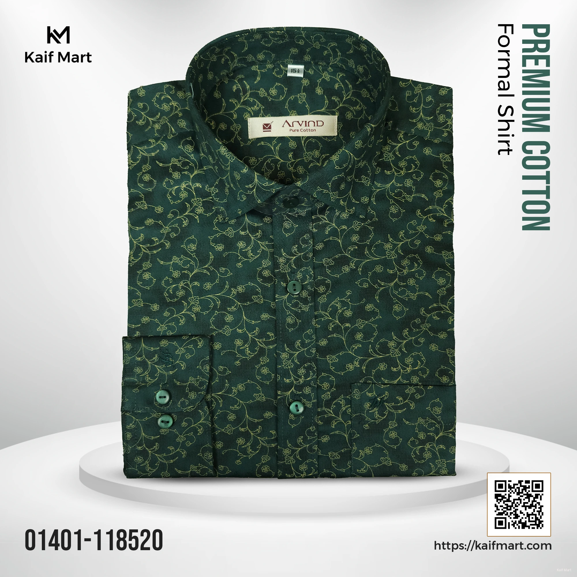 Mens Fashionable Exclusive Long Sleeve Formal and Casual Shirt-  dark green with a gold floral