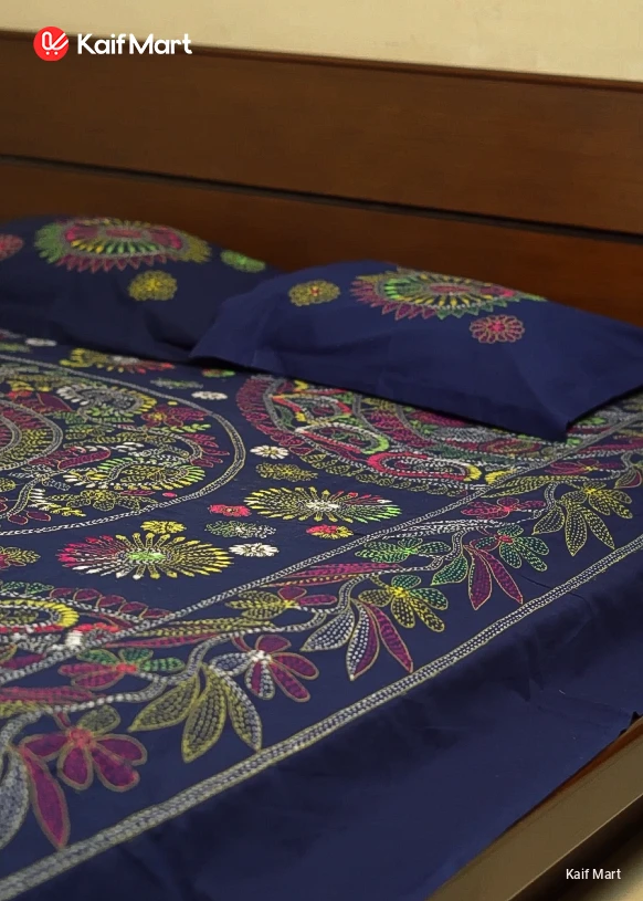 Traditional Handmade Bed Sheet 7x8 Feet –  Blue Pattern