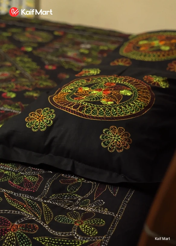 Traditional Handmade Bed Sheet 7x8 Feet –  Black Pattern